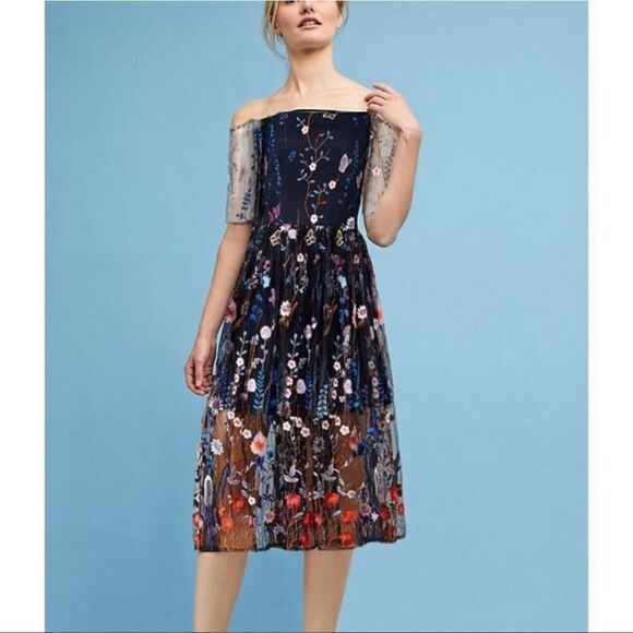 Anthro Vone Modern Florist Butterflies Feathers Dress - Picture 1 of 12